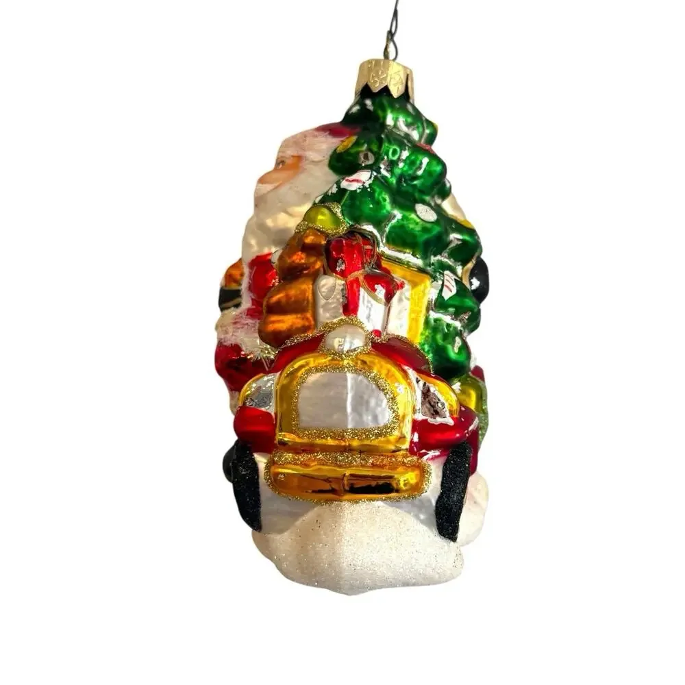 Lg Santa Riding Vintage Car Jalopy Glass Ornament w/Tree Teddy Bear‎ 5.5